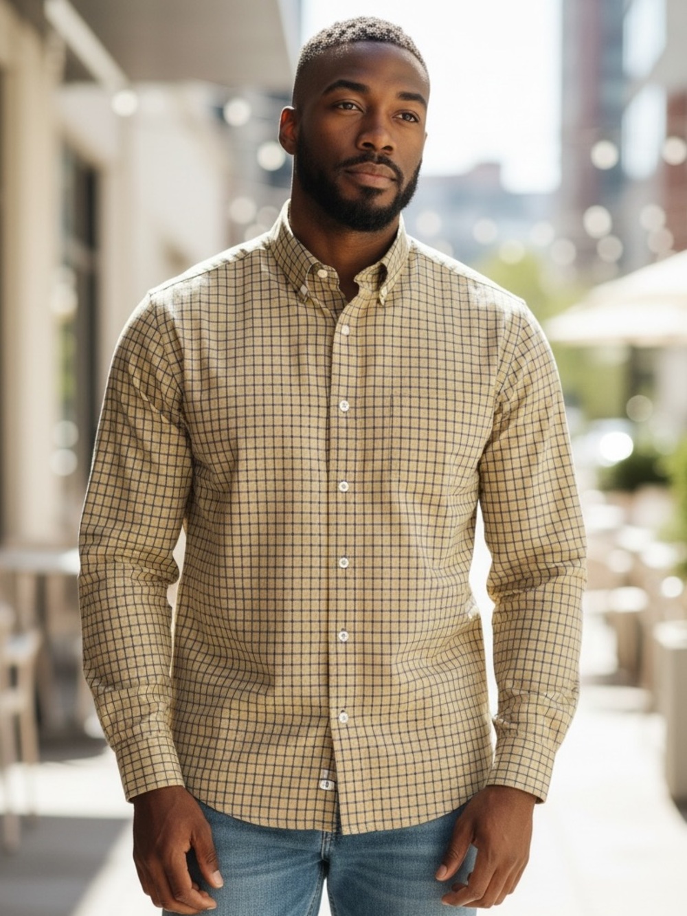 Ike Behar Mens XXL Yellow Navy Check Windowpane Long Sleeve Button Shirt